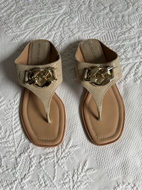 Donald J. Pliner Beige Thong Sandals with Gold Chain Accent